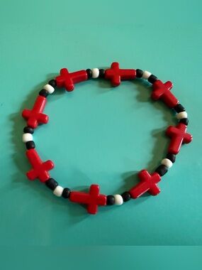 Handmade by Josie B’s Black White beaded Red Crosses Bracelet